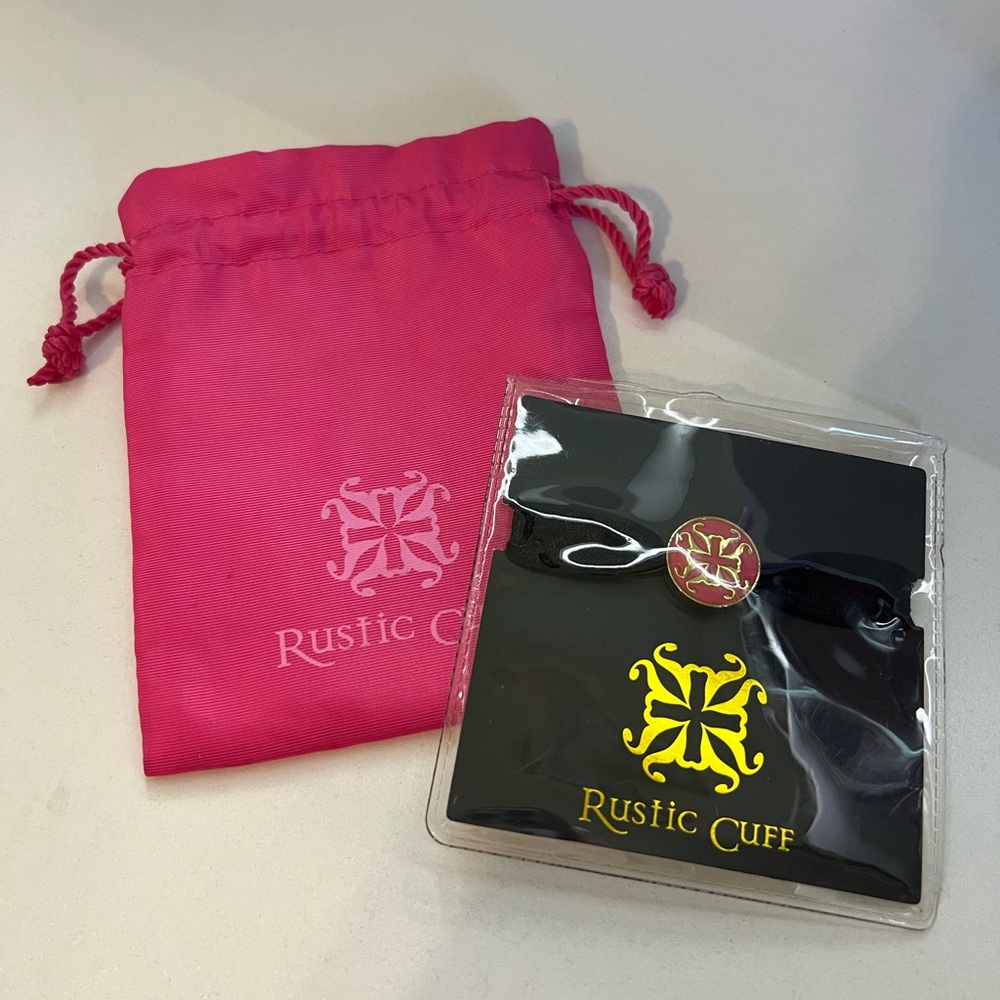 Rustic Cuff Pink and Black Bracelet with Gold Logo Charm and Matching Pink Pouch